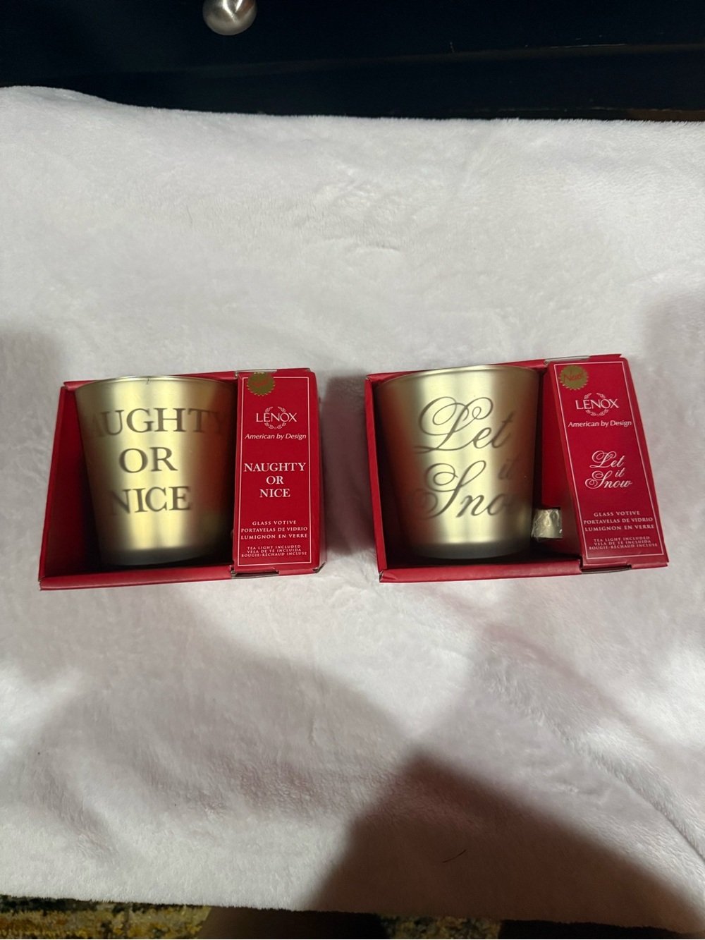 (2) Lenox Gold 'Naughty or Nice' and 'Let It Snow' Votive Holders